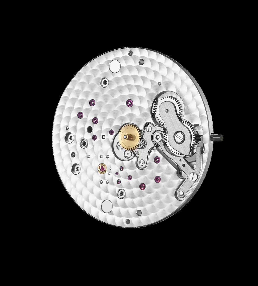 Caliber 502.3 SD caseback view showing off-center guilloche rotor, Cotes de Geneve striping, and Breguet signature