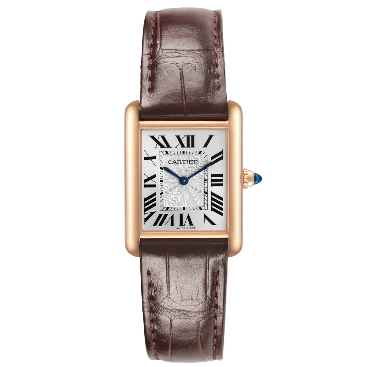 Tank Louis Cartier WGTA0011 in 18K rose gold. The silvered dial with elongated Roman numerals and blued steel sword hands. The proportions have not changed since 1922 because they do not need to change.