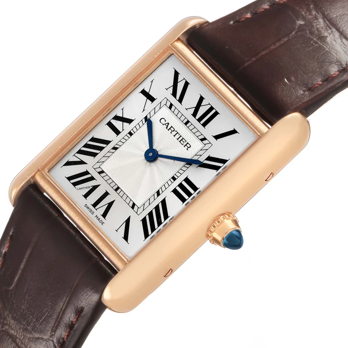 The lower dial in detail. The chemin de fer minute track, the secret CARTIER signature hidden in the VII numeral, and the guilloche pattern radiating from center.