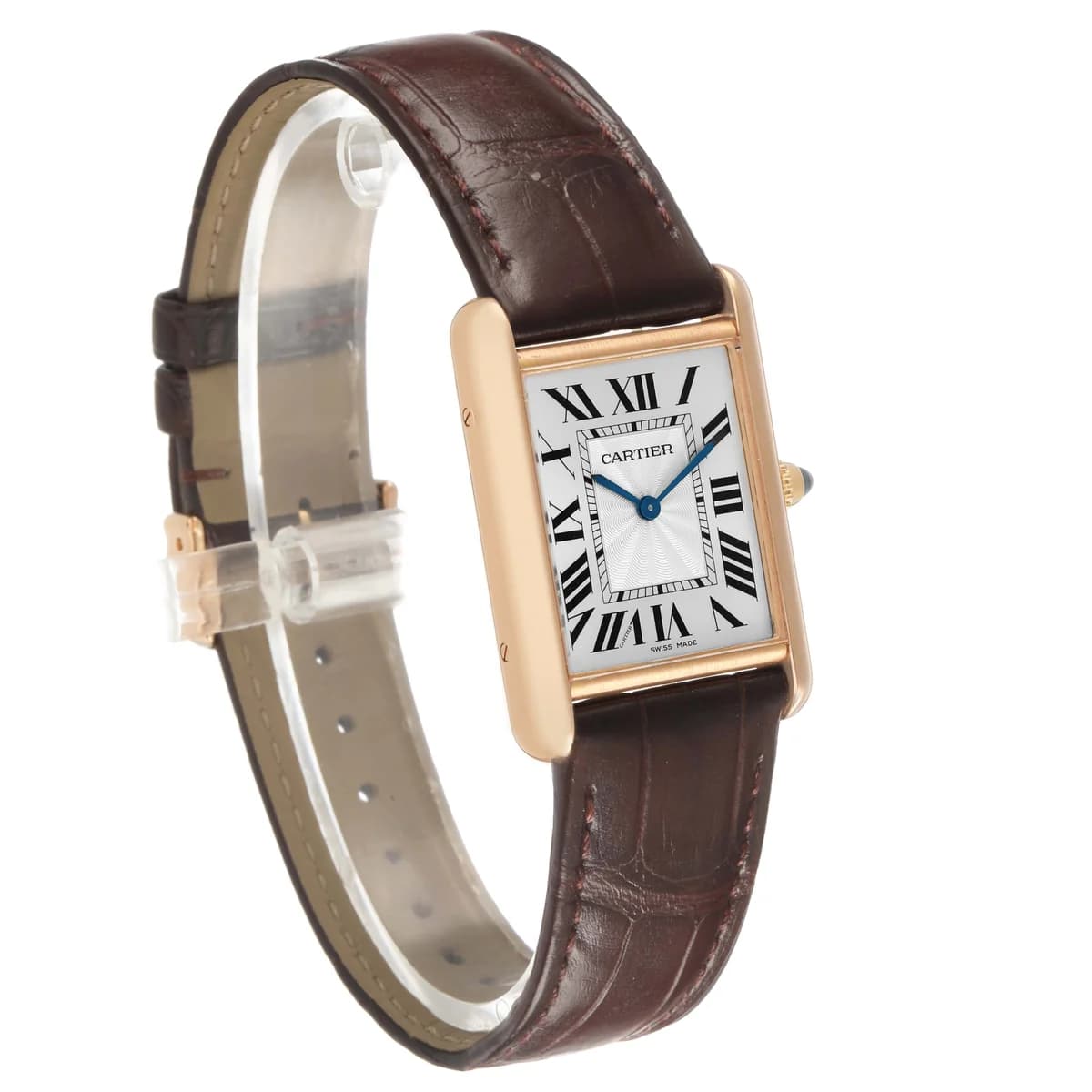 The classic Tank Louis configuration. Silver guilloche dial, chemin de fer minute track, and that blue sapphire cabochon catching light on the beaded crown.