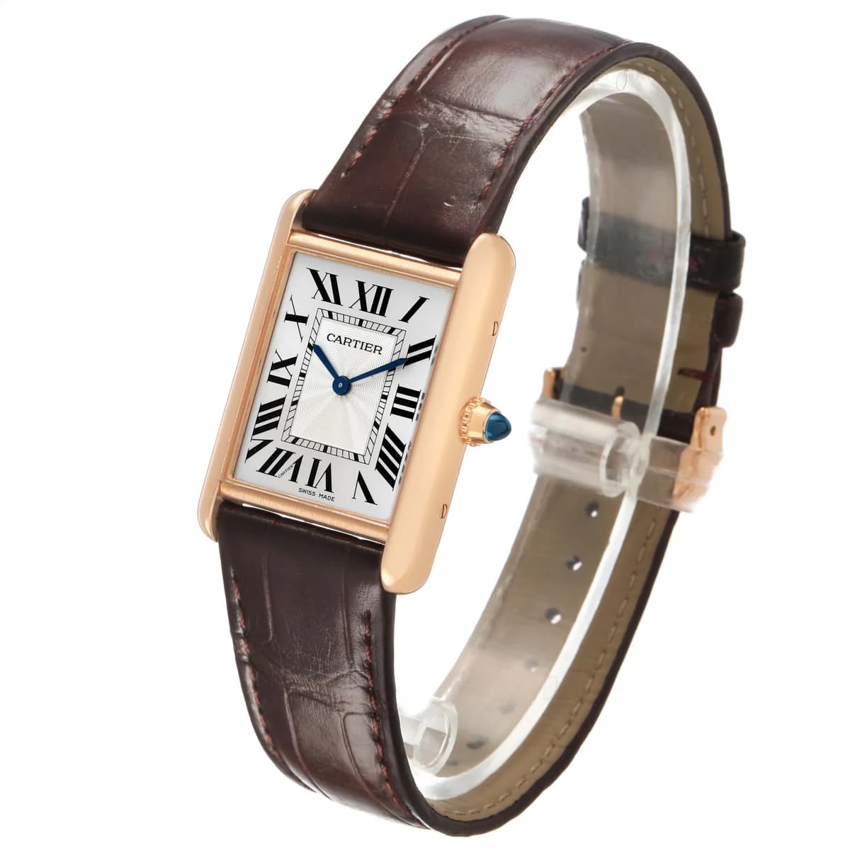 Profile view showing the remarkably slim 6.6mm case thickness. The tonneau-shaped 1917 MC caliber sits under 3mm tall, which is why the Tank Louis wears so flat on the wrist.