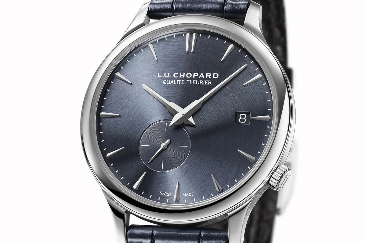 Three-quarter view from the left showing the 7.2mm case height and alligator strap tapering from the lugs
