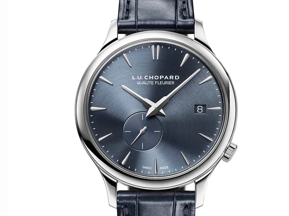 Front view with the L.U.C crown visible at 4 o'clock, the signature Twist variant layout with small seconds at 7