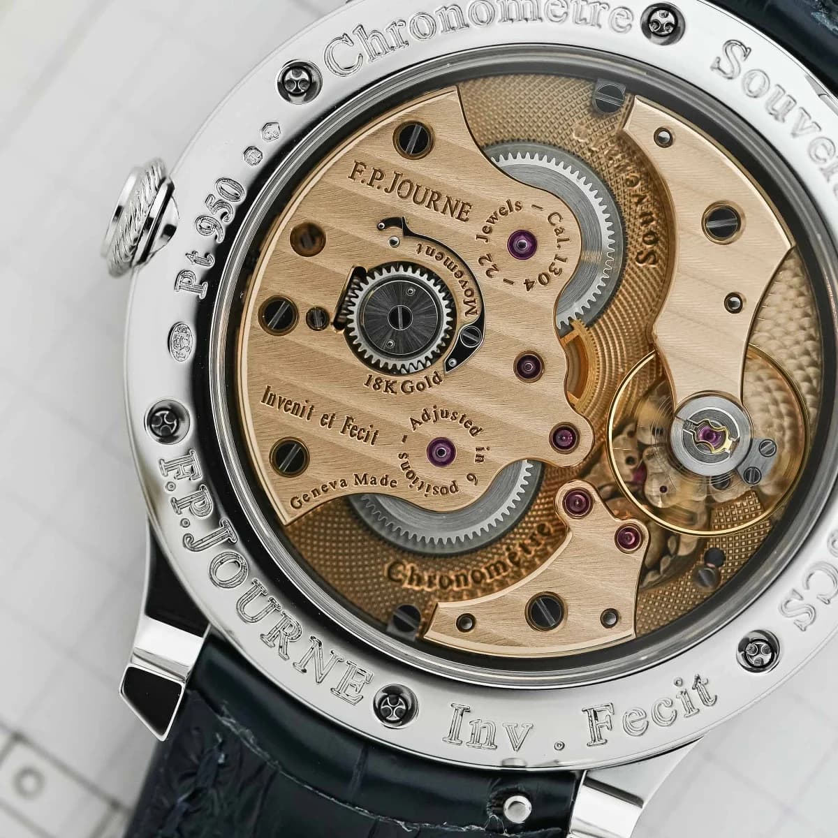 Full front view of the Chronometre Souverain in rose gold on alligator strap. The asymmetric dial layout with sub-seconds at 7:30 and power reserve at 3 o'clock is visible.