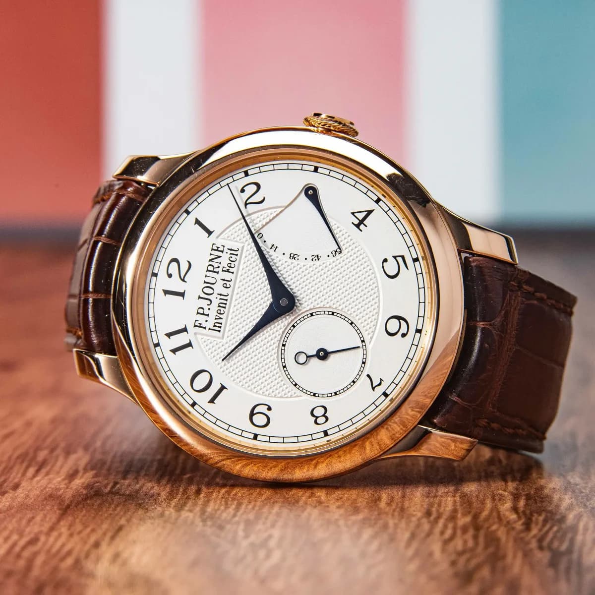 Alligator strap detail with the rose gold tang buckle. The strap uses curved spring bars for improved wrist conformity.