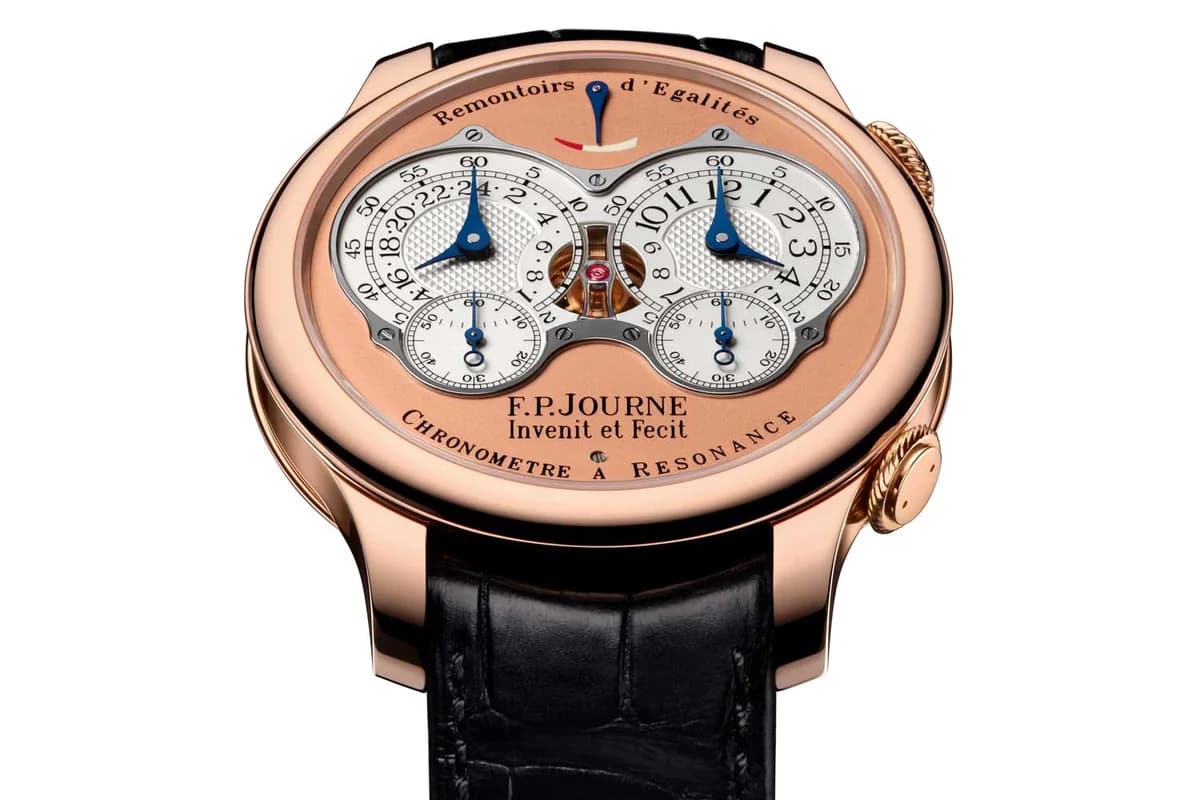 F.P. Journe Chronometre a Resonance in 18K 6N rose gold. Dual subdials with guilloched clous de Paris pattern, power reserve at 12, and twin balance wheels visible through the central aperture.