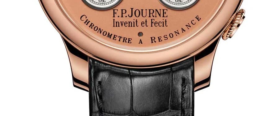 Full front view of the Resonance in rose gold with alligator strap. The symmetrical dial layout with 24-hour left subdial and 12-hour right subdial is clearly visible.