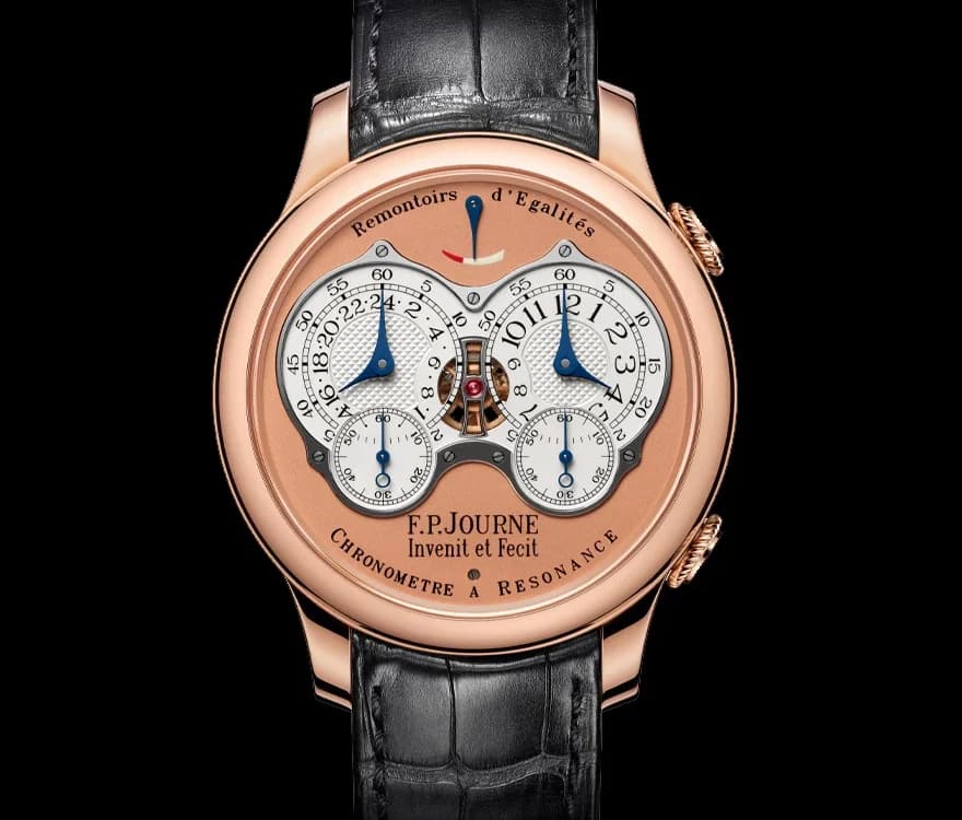 The Resonance on the wrist in rose gold. The 40mm case with elongated lugs sits comfortably, and the dual crown configuration is visible on the right side.