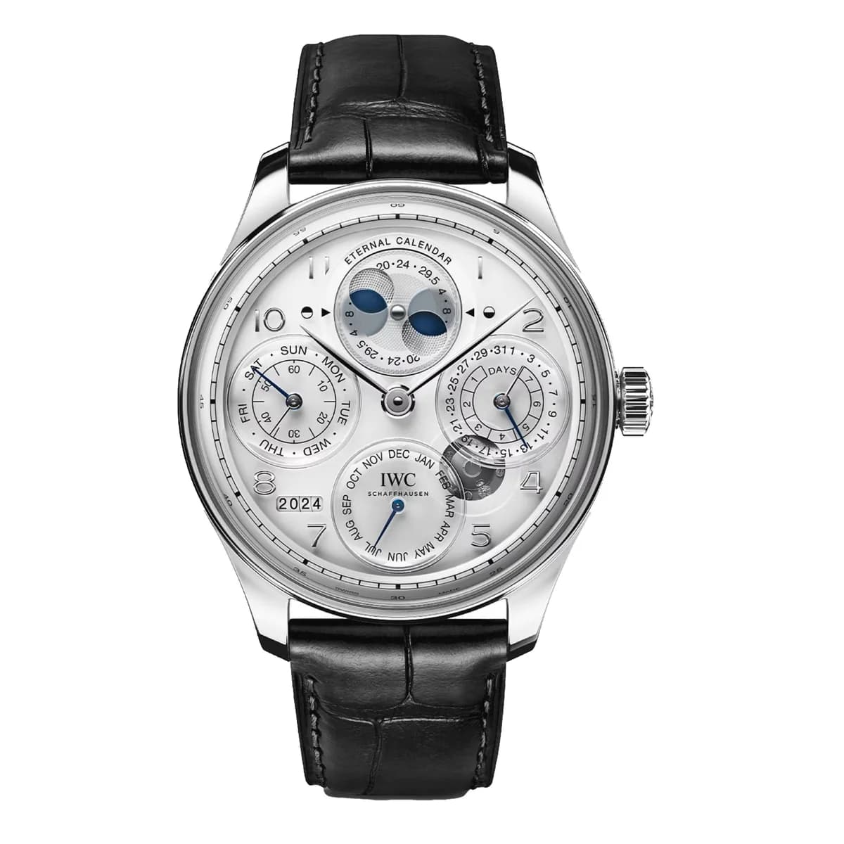 Exhibition caseback revealing the Caliber 52640 with 18-carat gold rotor, Geneva stripes, and sapphire bridge in the calendar module