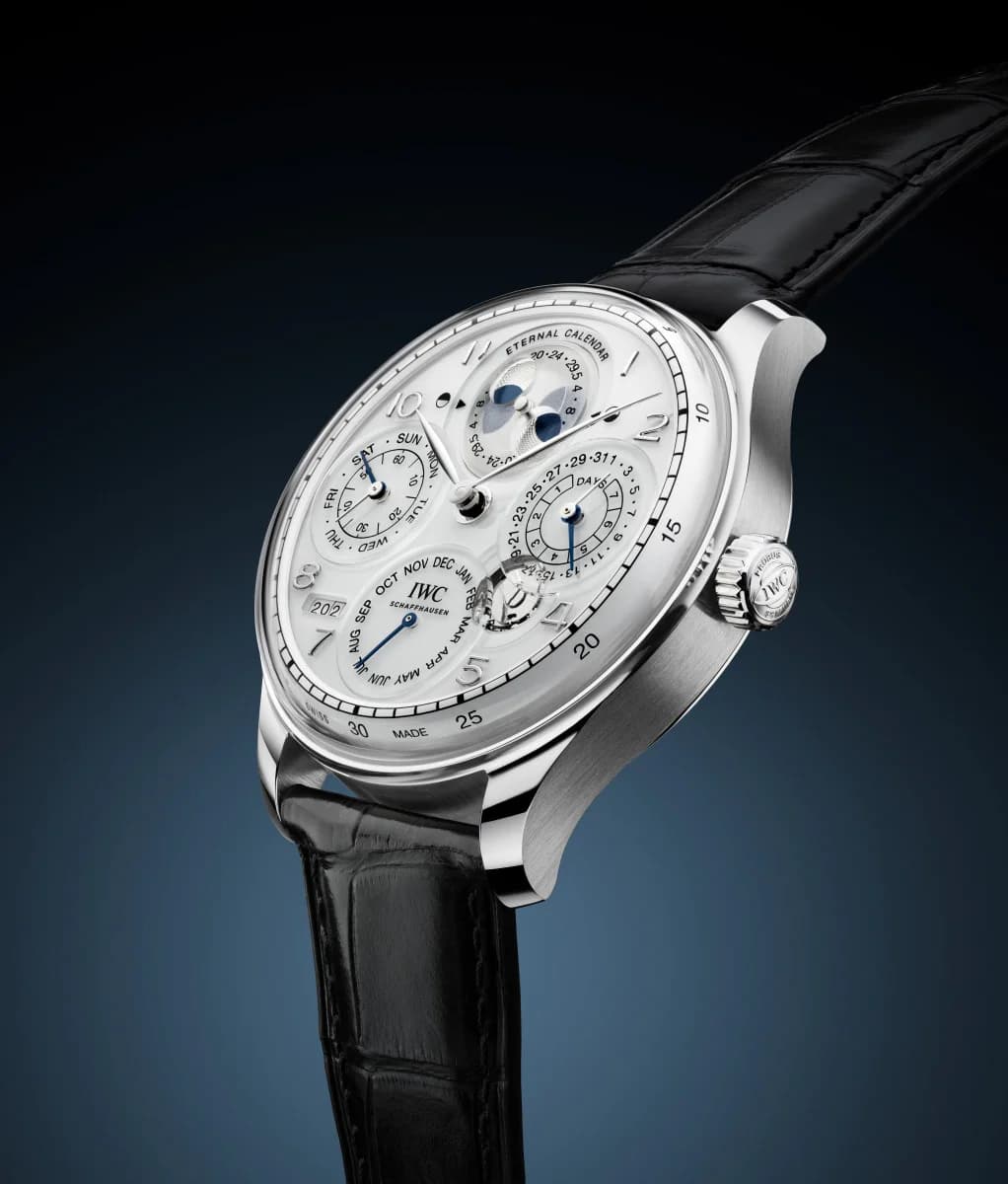 IWC Portugieser Eternal Calendar IW505701, front dial view showing the secular perpetual calendar layout with four subdials and Double Moon phase at 12 o'clock