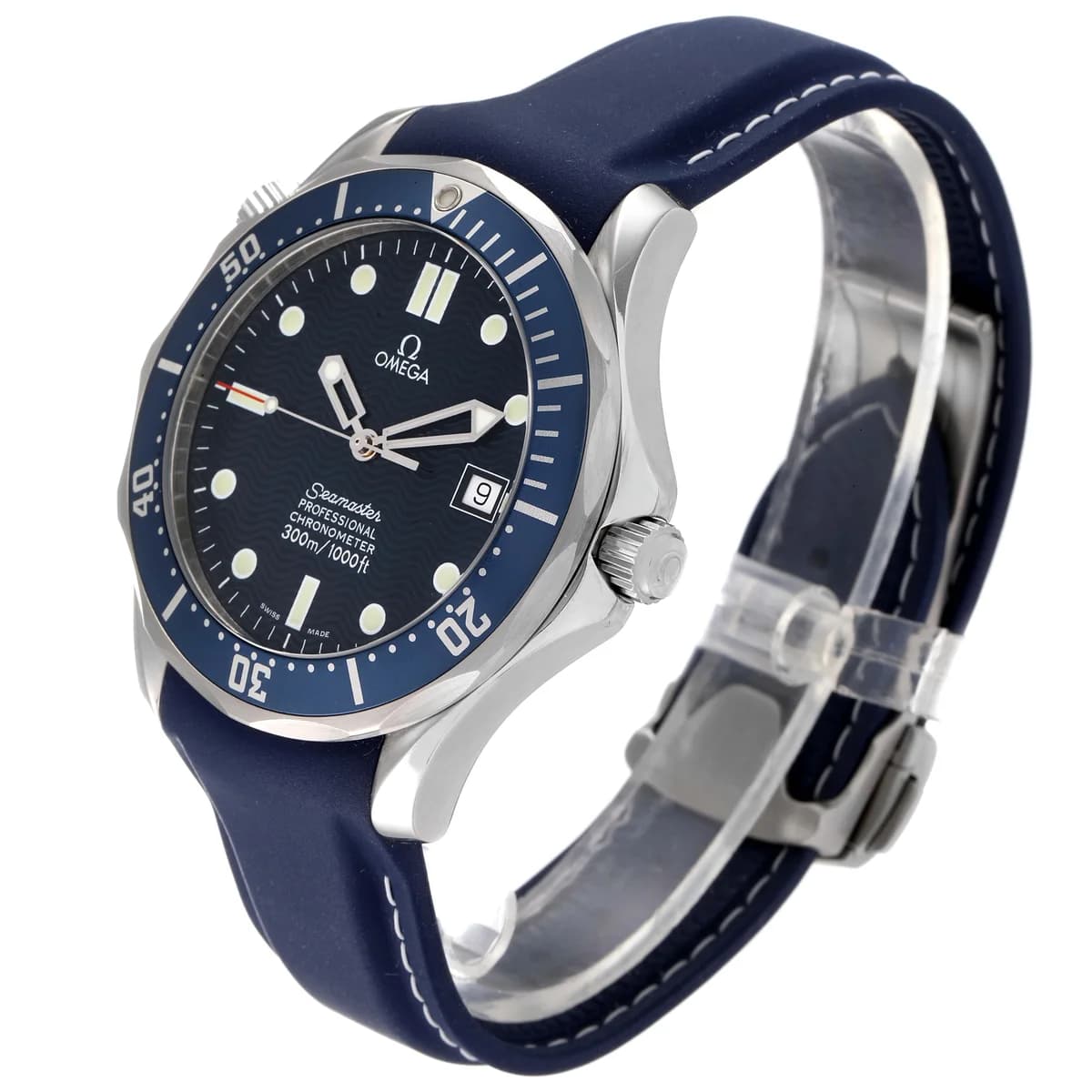 Side profile on rubber strap showing the case silhouette and crown detail