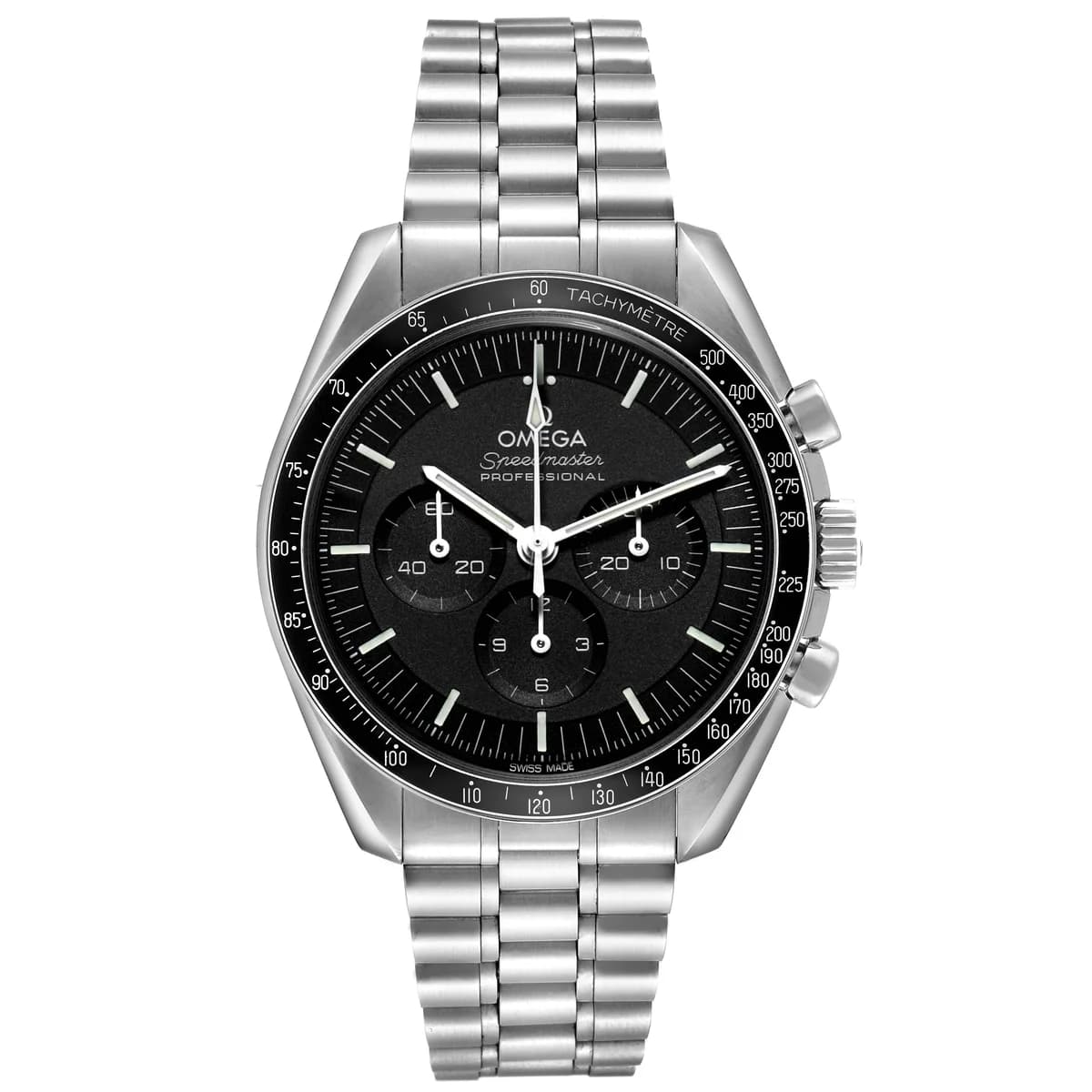 The black step dial with applied indices, three subdials, and tachymeter bezel