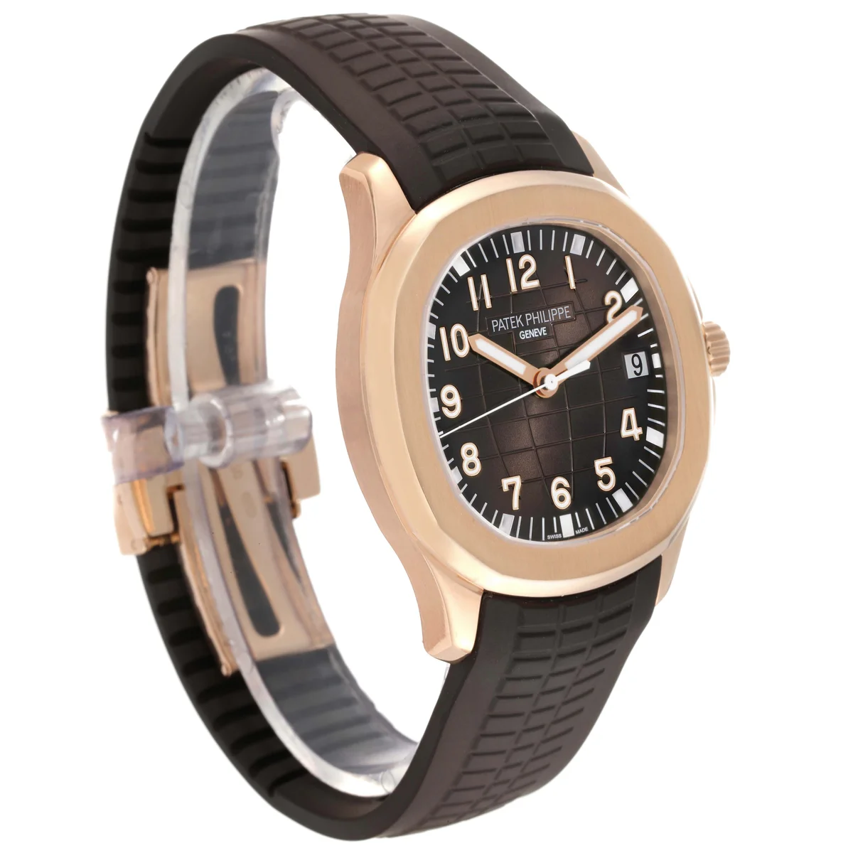 Patek Philippe Aquanaut 5167R-001: rose gold case, brown embossed dial, brown tropical composite strap
