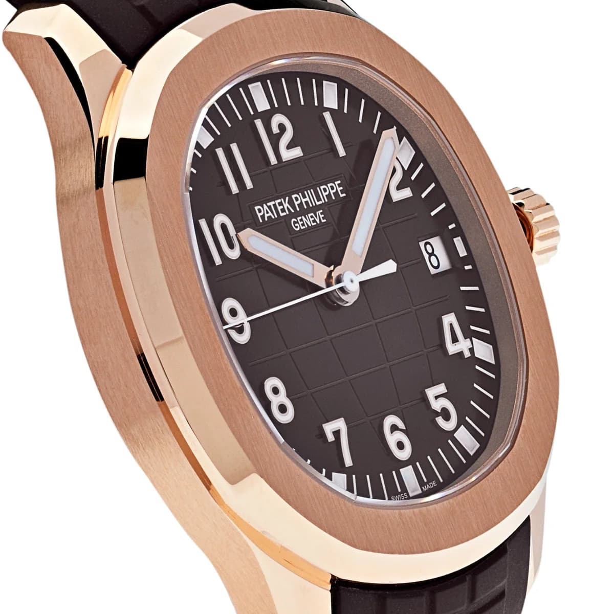 Dial macro: the embossed Aquanaut pattern, applied Arabic numerals, luminous hands