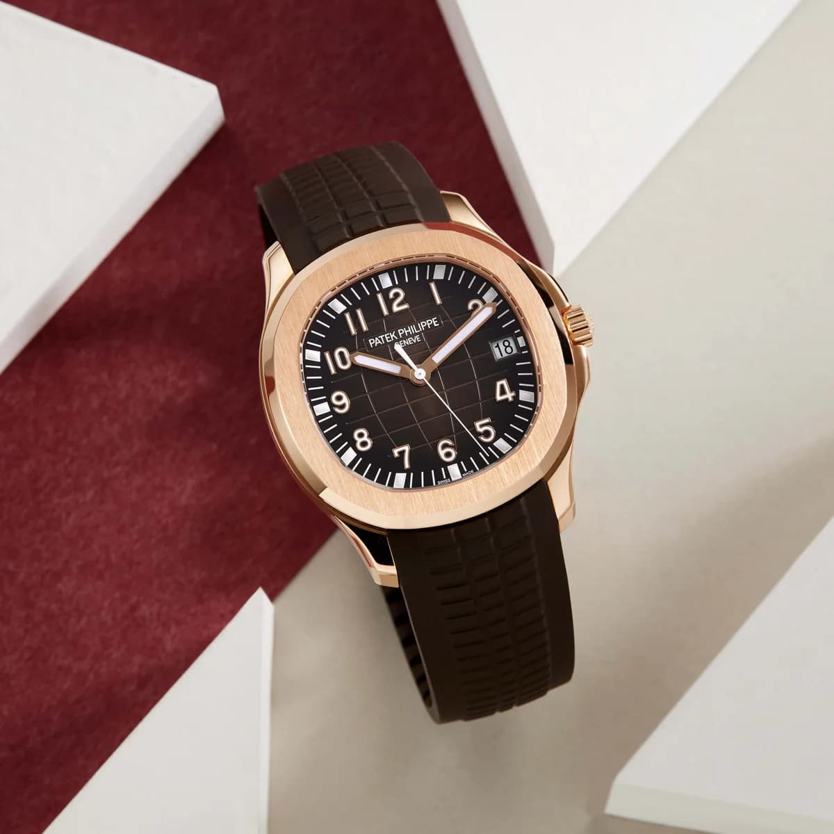 On the wrist: 40mm rose gold with brown tropical strap in natural light