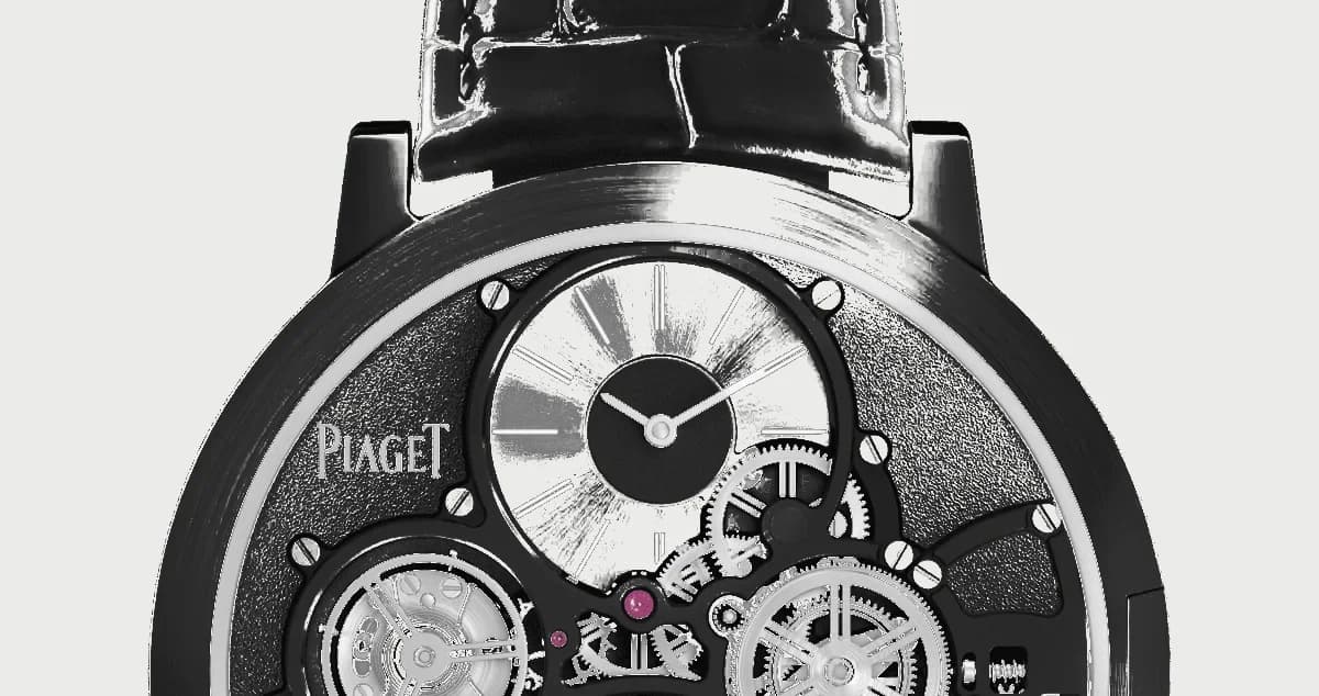 The recessed rectangular crown in the case band. Piaget supplies a dedicated winding tool because conventional finger winding is impossible at this scale.