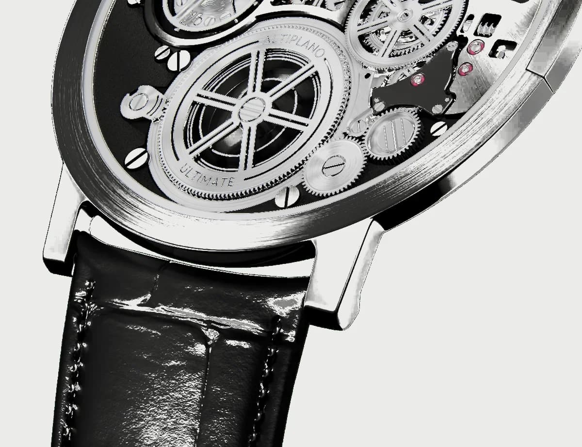 The solid caseback doubles as the movement mainplate. The sunburst-finished surface is what sits against the wrist.