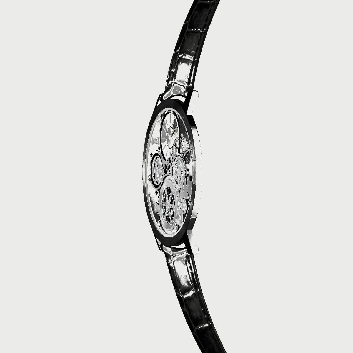 The strap attachment at the lug. The pin buckle and strap connection are engineered to match the watch's minimal profile.