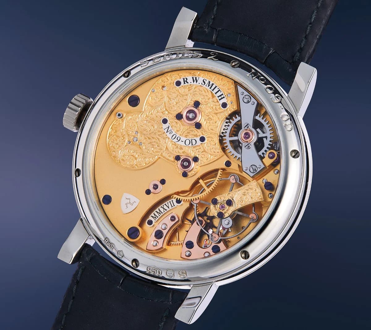 The Series 2 Open Dial reveals the entire movement architecture from the front. The frosted gilt three-quarter plate, gold chatons, and hand-flamed blued screws are all visible.