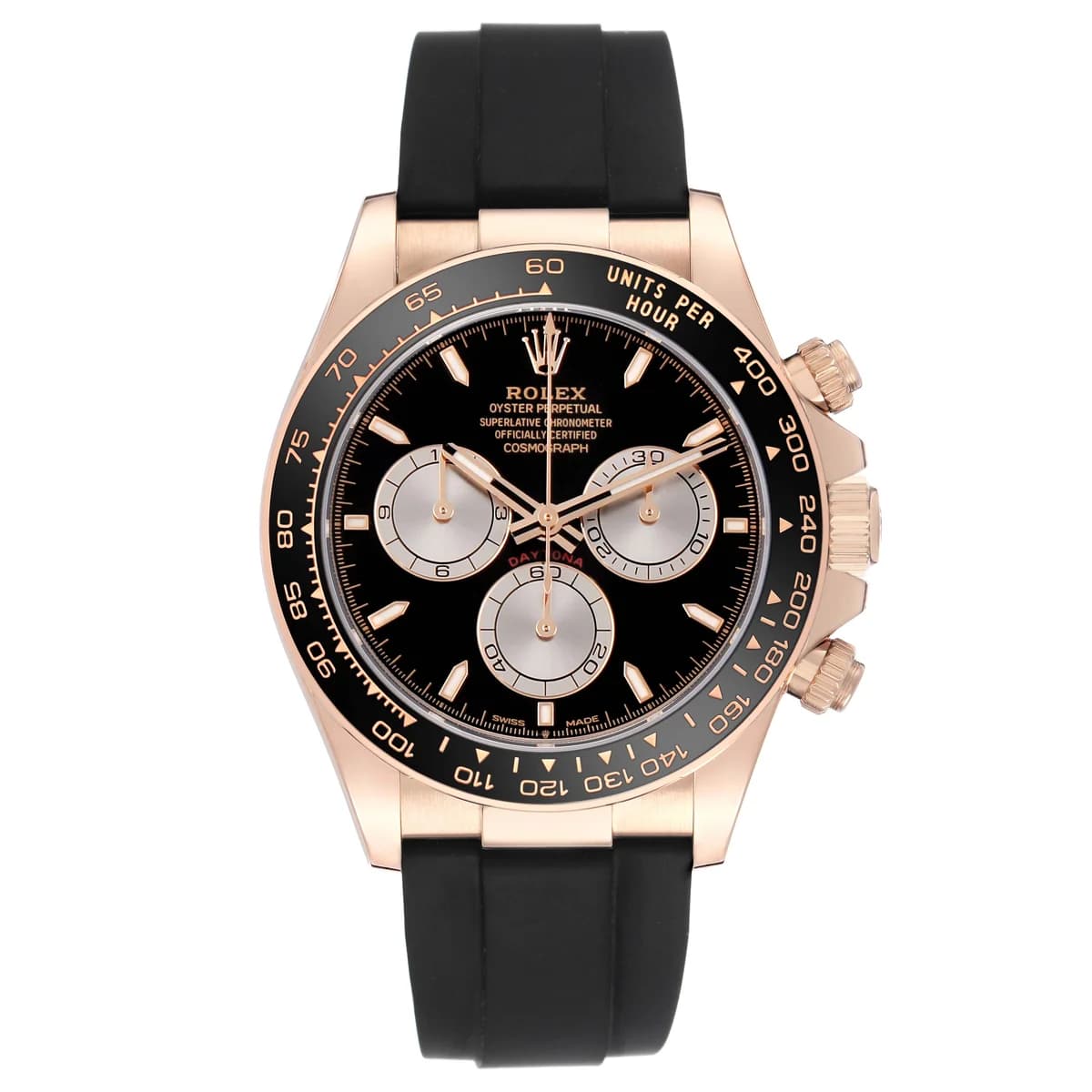 Black Cerachrom tachymetric bezel with Everose gold frame edge and Oysterflex emerging from lugs