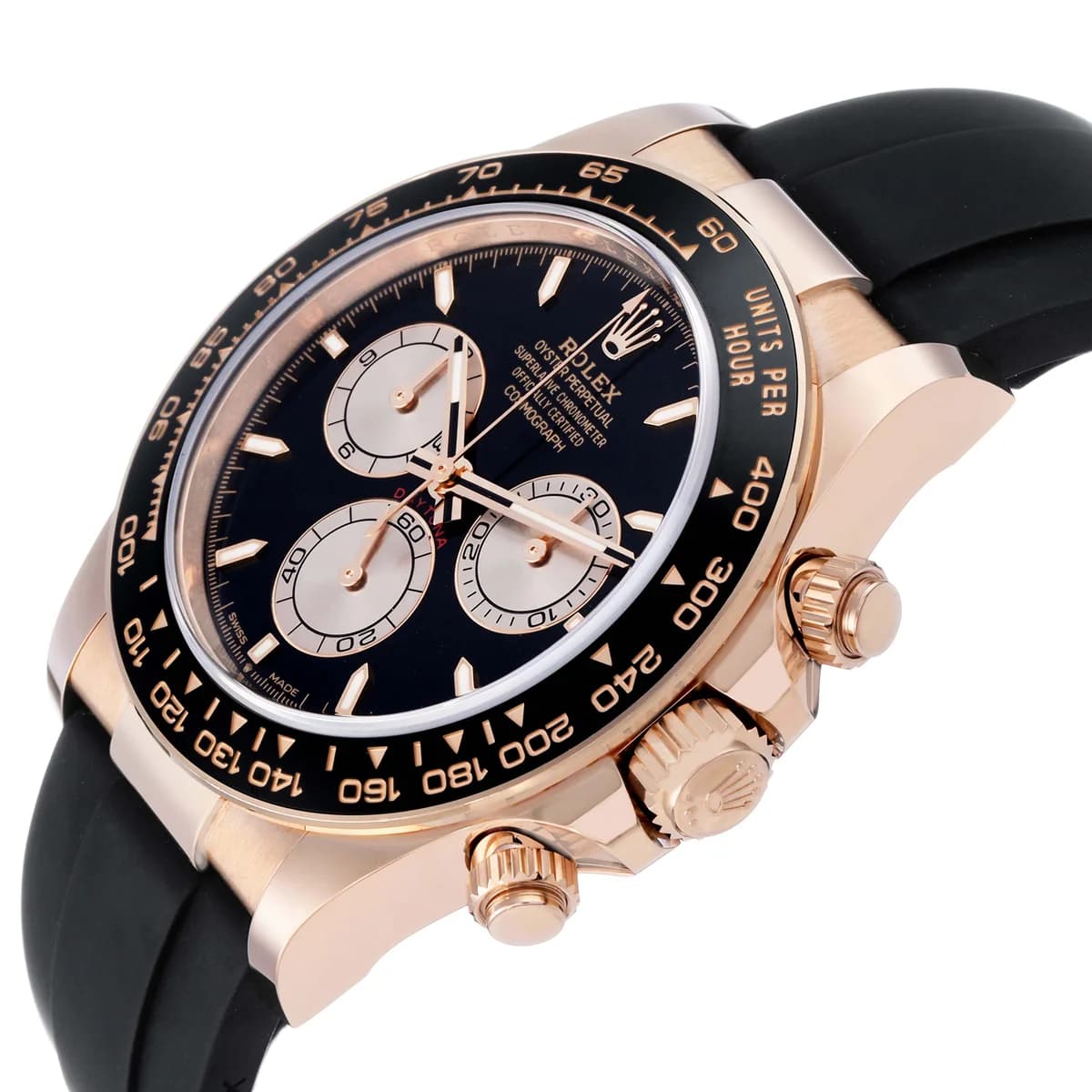 Screw-down Everose gold crown with Rolex coronet flanked by chronograph pushers