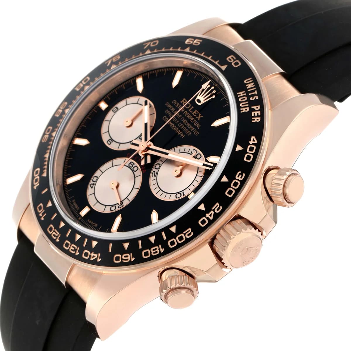 Dial detail showing black lacquered field with sundust chronograph sub-registers and applied Everose hour markers