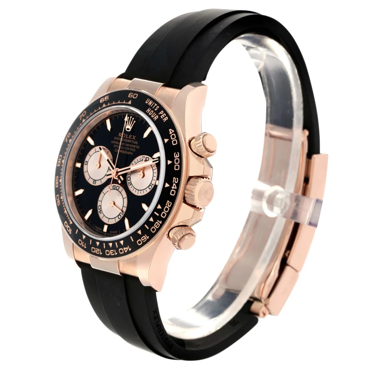 Three-quarter view showing the Everose case, black Cerachrom bezel, and Oysterflex bracelet