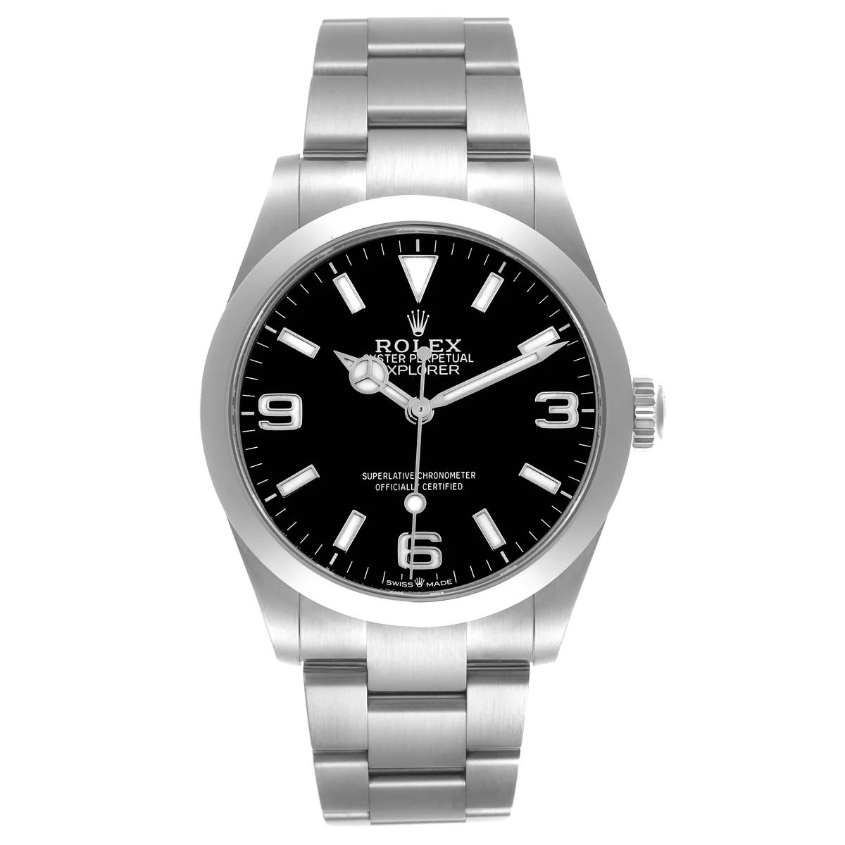 Rolex Explorer 224270 dial. The 3-6-9 layout in 18K white gold with Chromalight fill, gloss black lacquer dial, Mercedes hands.