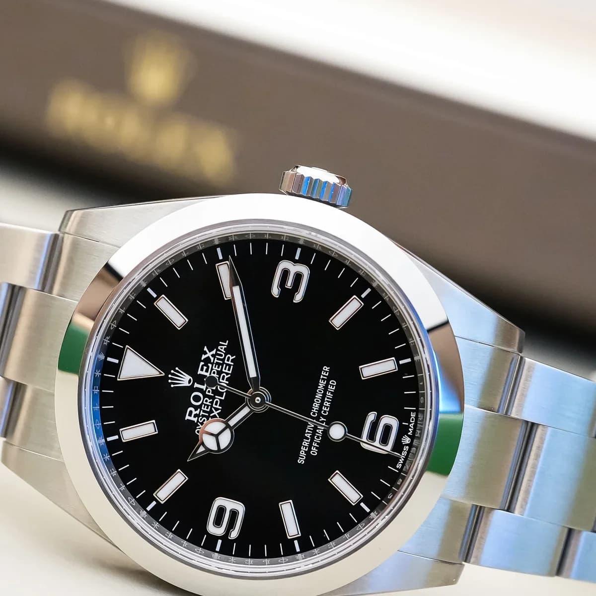Twinlock crown with the Rolex coronet. Screw-down for 100 meters of water resistance.