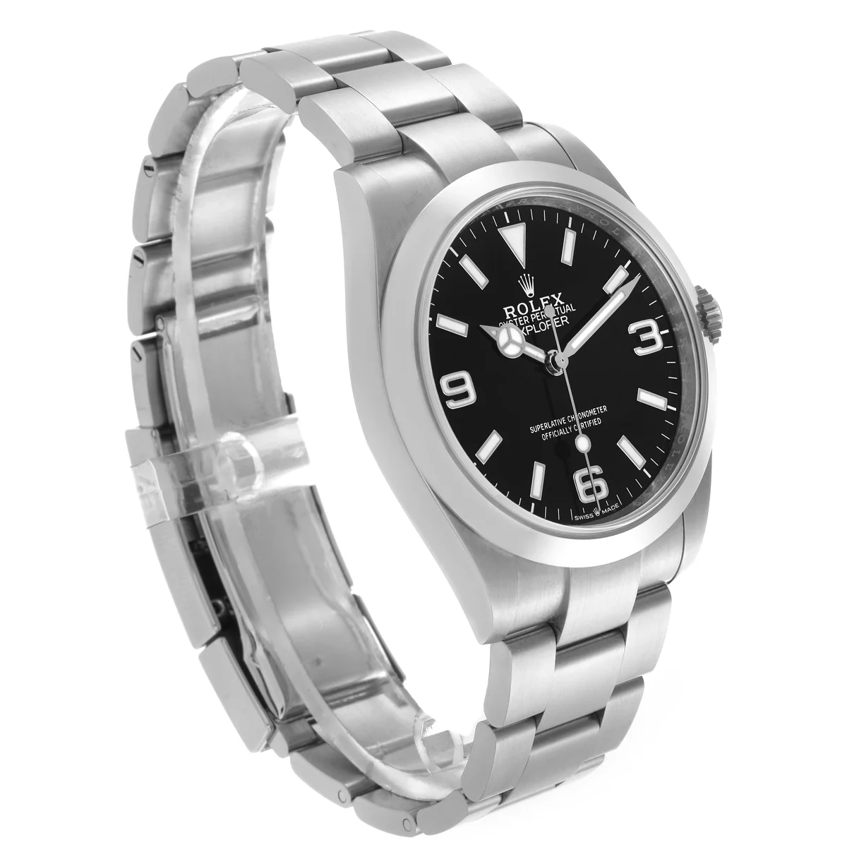 Three-quarter view showing the smooth polished bezel and Oyster bracelet integration.