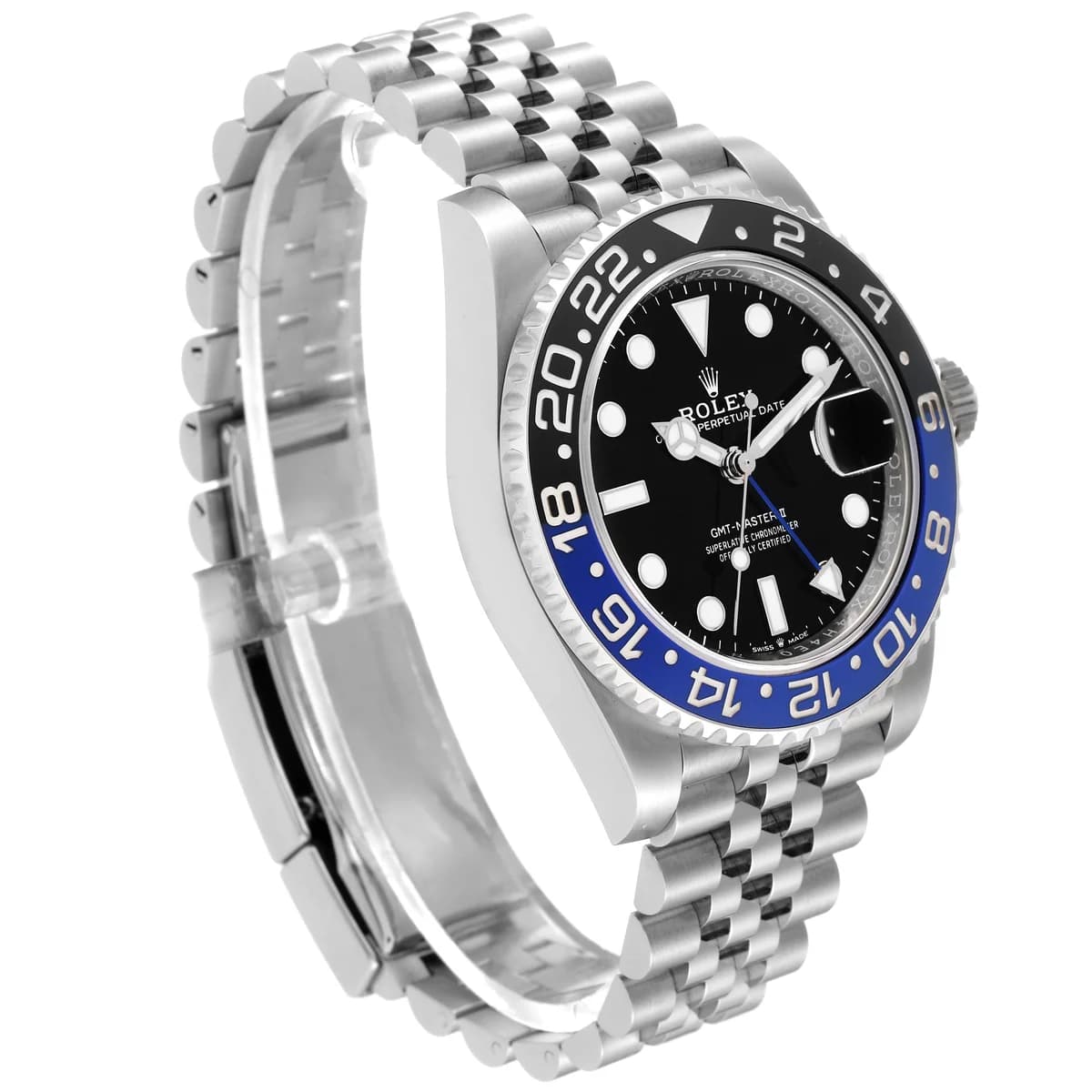 The 126710BLNR on the Jubilee bracelet. Blue and black Cerachrom bezel with the dial filling the frame.