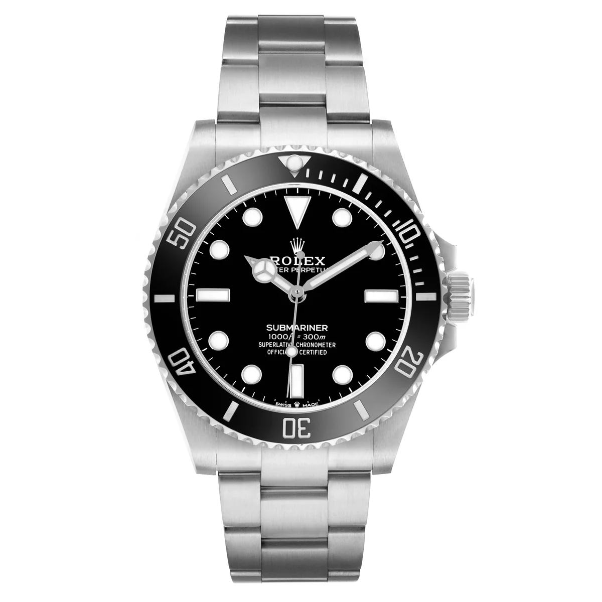 The 124060 in full: 41mm, symmetrical dial, fully brushed Oyster bracelet