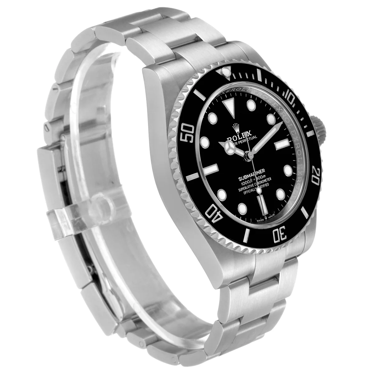 Three-quarter angle: black Cerachrom bezel, Oystersteel case, no Cyclops