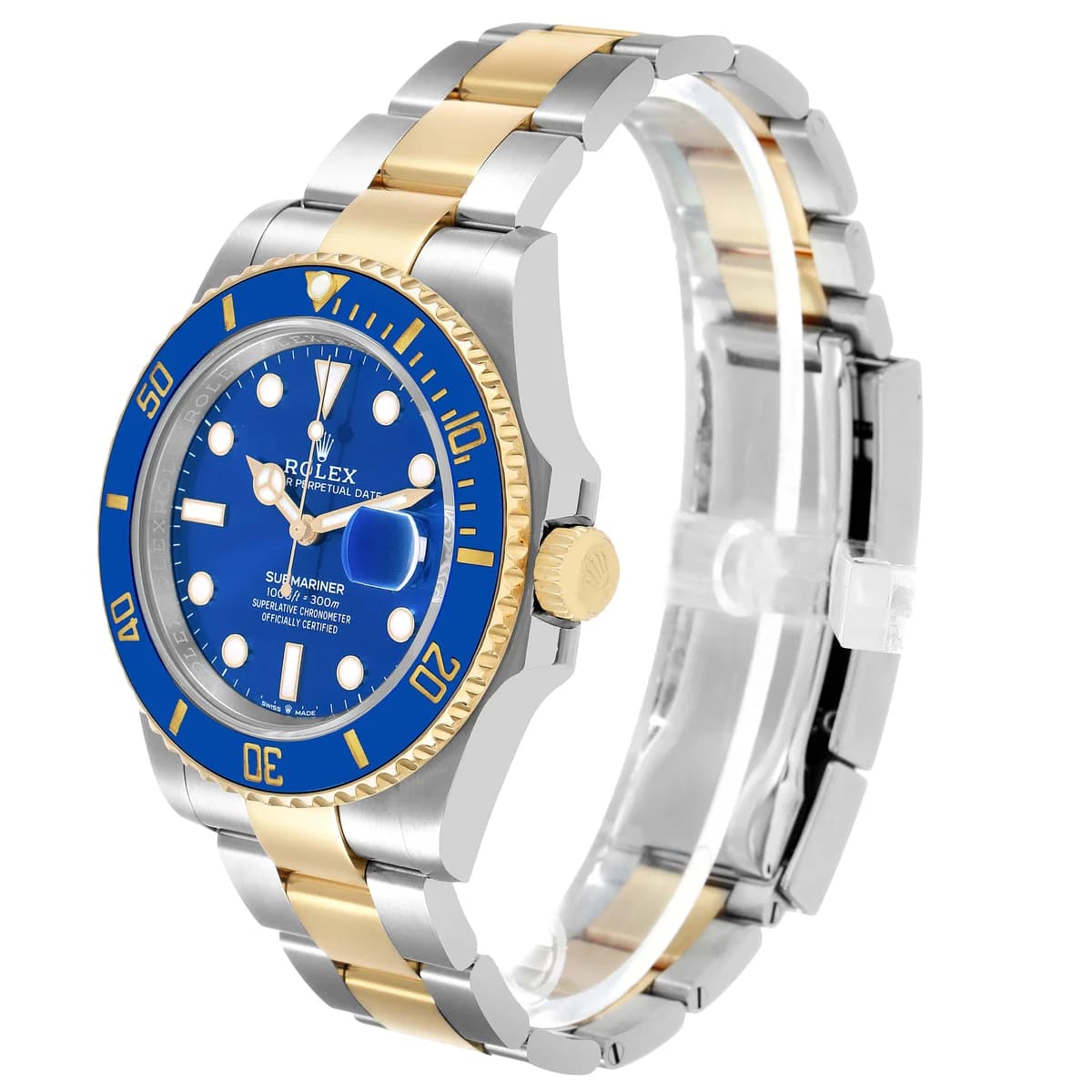 Alternate angle showing the interplay between blue ceramic and yellow gold