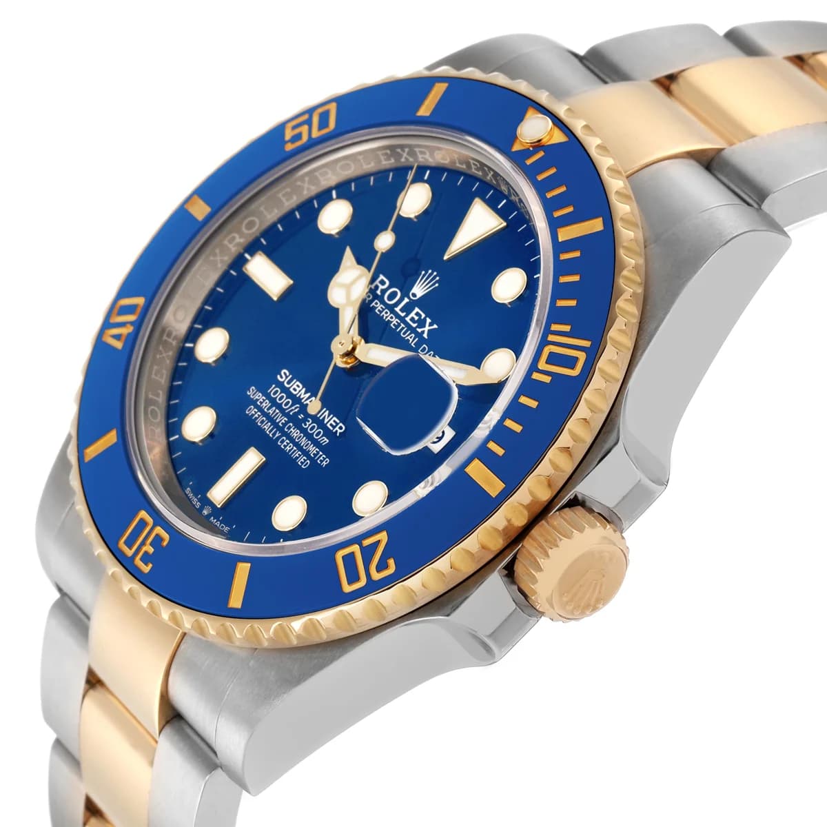 Blue Cerachrom bezel with gold-filled numerals and graduation marks
