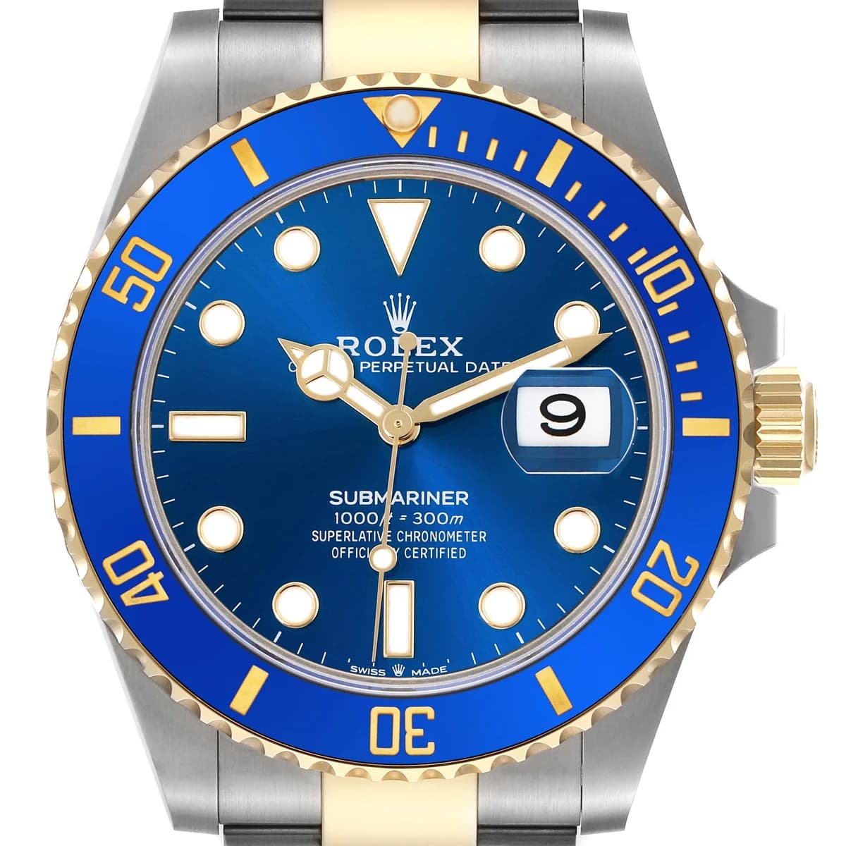 Dial macro: radial sunburst finish shifts from navy to electric blue in light