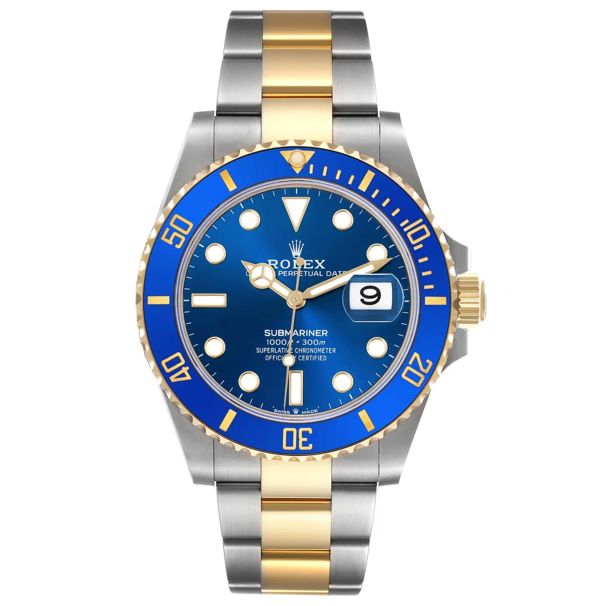 The Bluesy in full: blue sunburst dial, gold center links, Cyclops at 3 o'clock