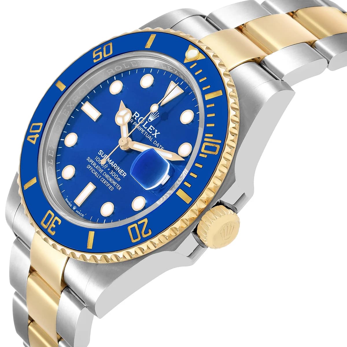 Three-quarter angle: blue Cerachrom bezel, gold crown, two-tone Oyster bracelet